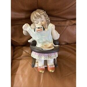 Vintage Bisque Porcelain Piano Baby Highchair & Puppy Dog